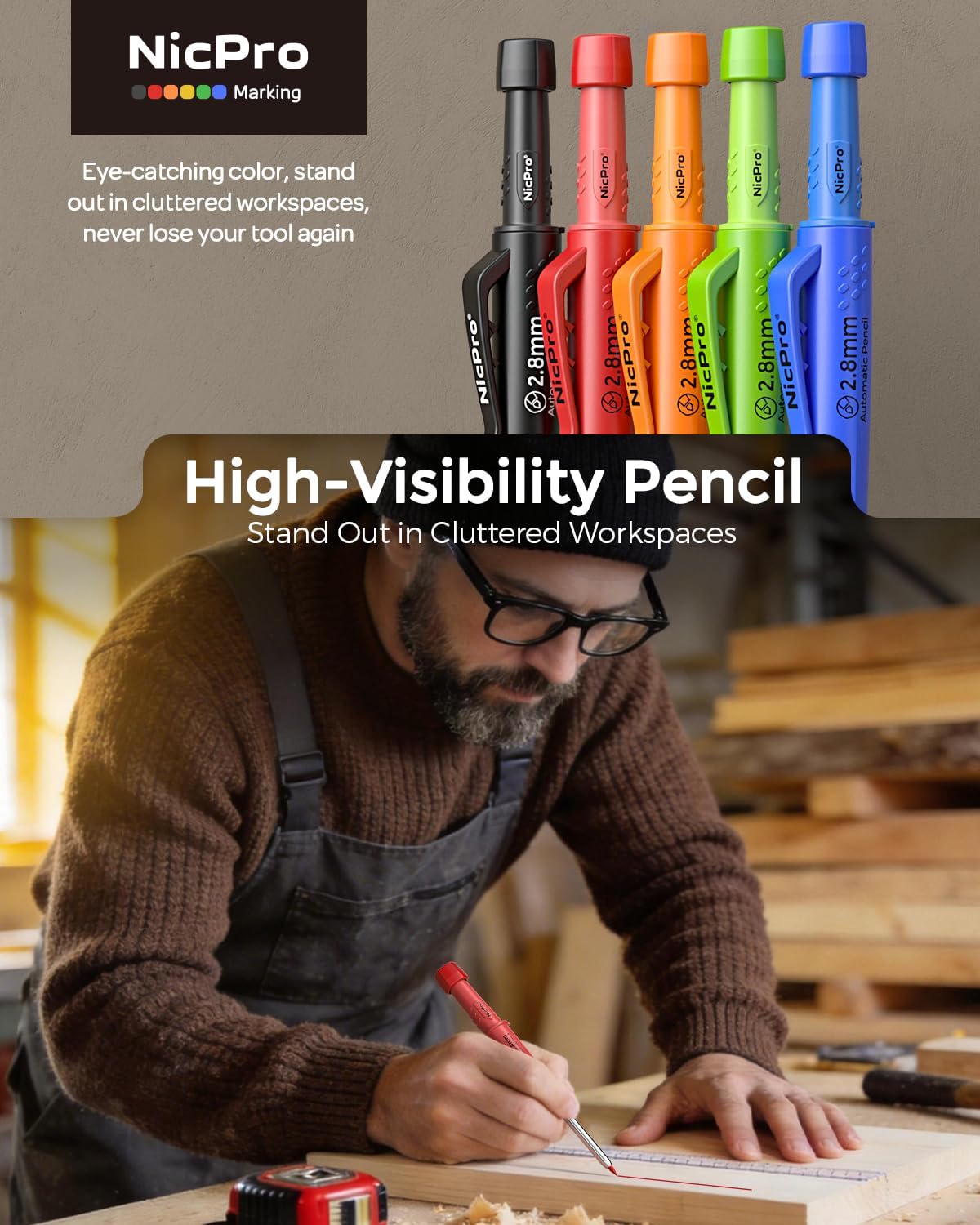 Nicpro 5 Pack CP3000 Carpenter Pencils with Sharpener, Mechanical Pencil Set with 59 Refills, Heavy Duty Working Tools, Construction Pencil for Architect Marking (Red, Black, Orange, Green, Blue)