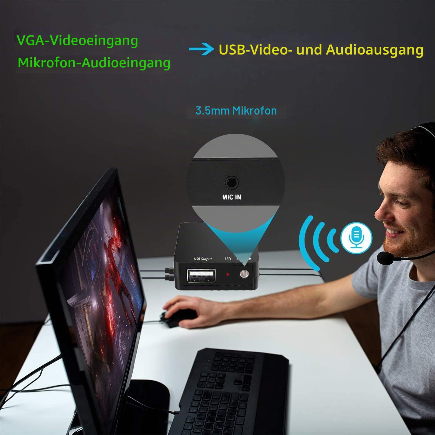 VGA Capture Card, VGA auf USB Aufnahmegerät mit Mikrofon-Eingang, unterstützt Full HD Video für Gaming, Videokonferenzen,Medizinische Bilder