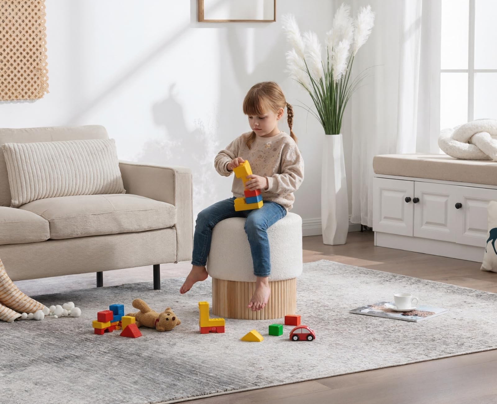 chairus Pouf Contenitore da Salotto in Pelliccia Sintetica, Bianco | Piccolo Poggiapiedi con Contenitore Sgabello Poggiapiedi con Seduta Imbottita e Ottomana Base in Doghe di Legno