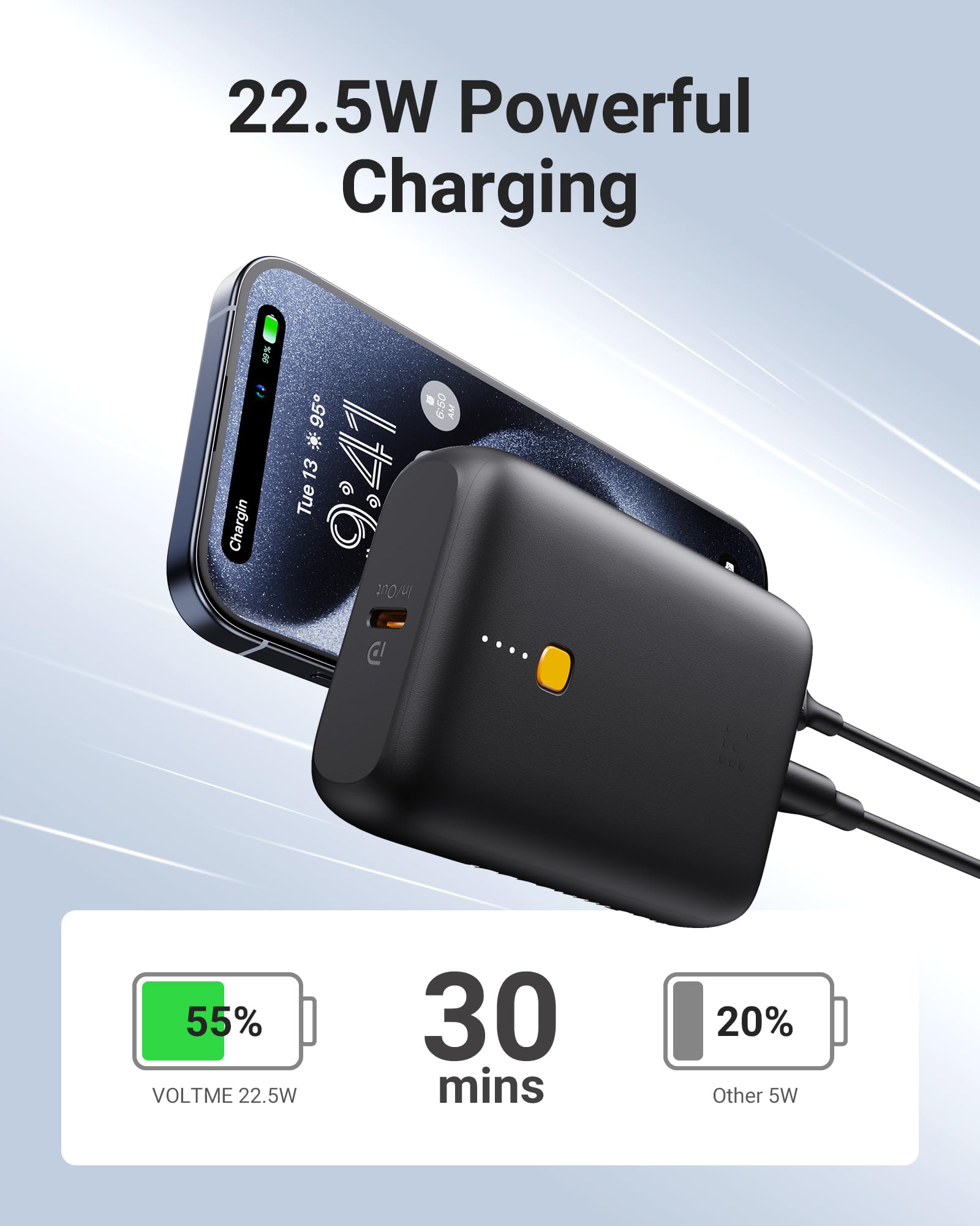 Powerbank VOLTME 10000mAh 36Wh Rapida Doppia, Porta USB-C e USB-A Batteria Esterna Compatta e Leggera Caricabatterie Portatile per iPhone Samsung Android e Dispositivi USB-C power Bank 2-Port Grigio