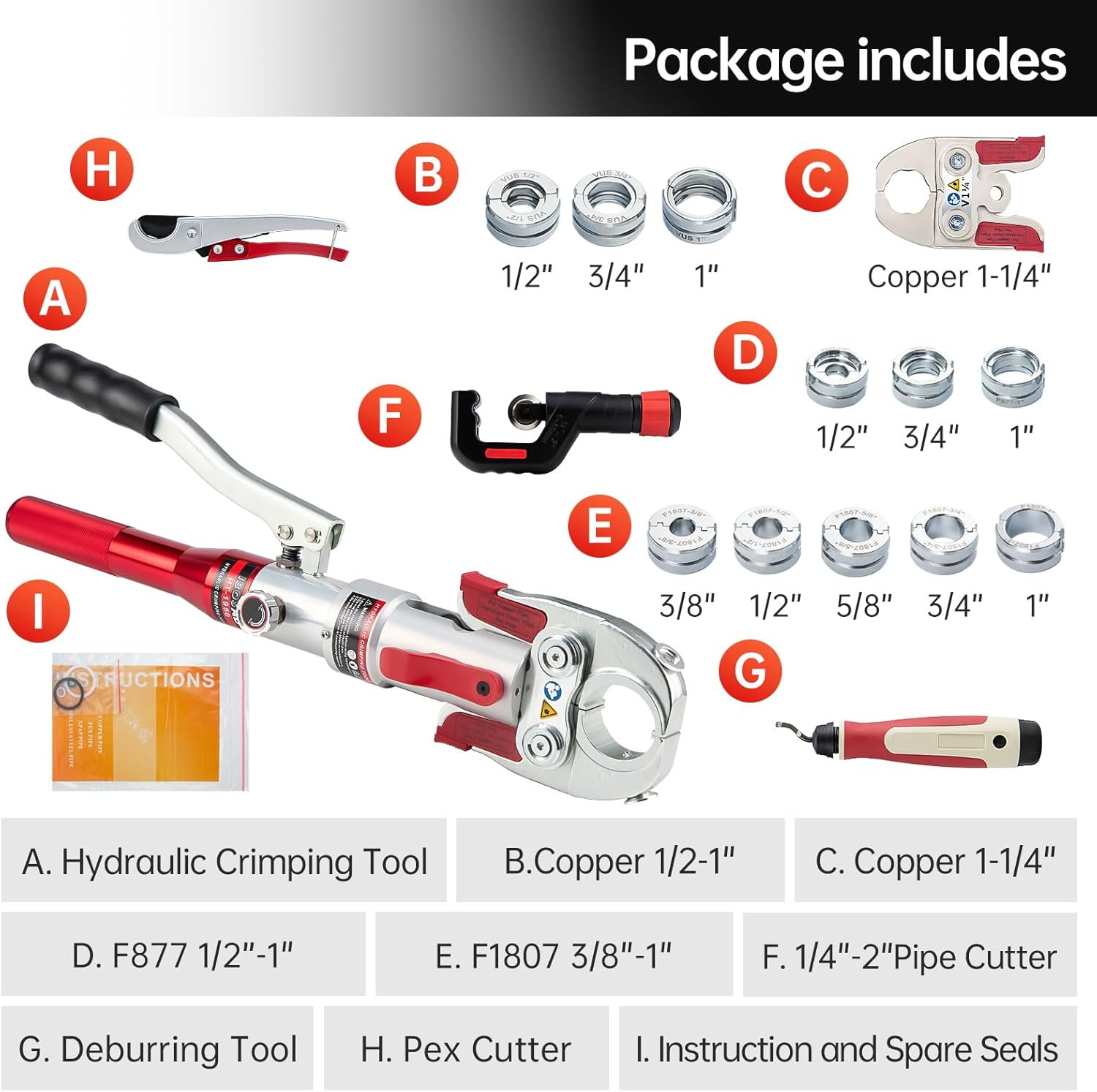 Hydraulic Copper Pipe Tube Fittings Crimping Tool with 1/2,3/4,1,1-1/4 for Copper, 1/2,3/4,1 for F877 Stainless PEX Press and 3/8 to 1 for F1807 Pex Pipe