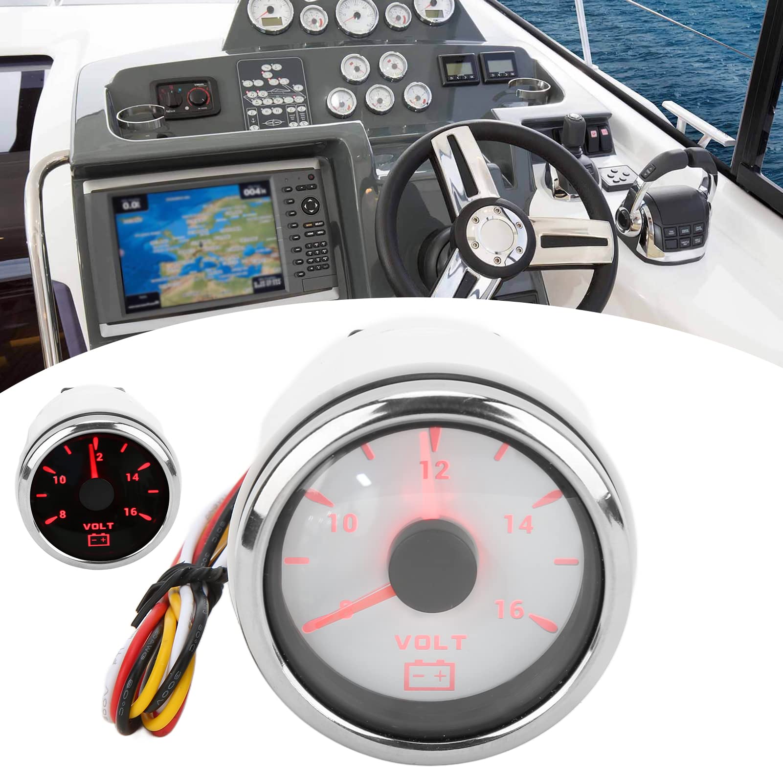 Voltmetro per Barca, Misuratore di Tensione Marino da 52 Mm 8‑16V Puntatore 7 Colori Retroilluminato Voltmetro Impermeabile IP67 per Barca RV Auto 9‑32V(bianco)