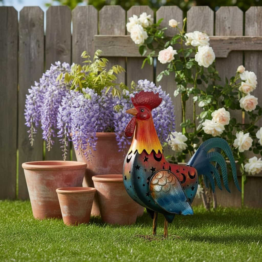HONGLAND Metal Rooster Yard Decor,18" Solar Chicken Garden Statues Outdoor,Farm Animals Lawn Decorative Ornaments Outside for Home Patio Backyard Landscape