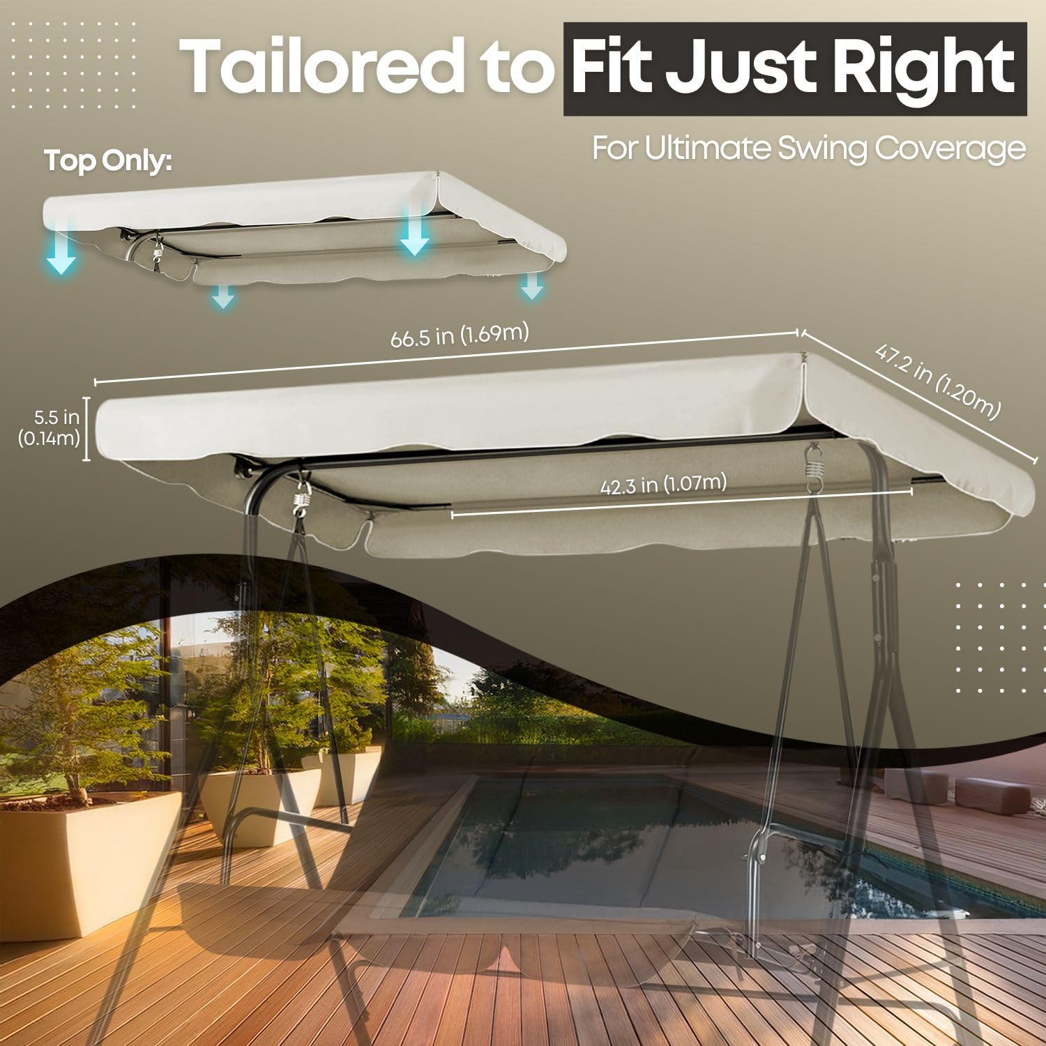 Flexzion Baldachim do huśtawki na patio, do huśtawki, biały, 168 x 114 cm, 2-osobowa, huśtawka, abażur u góry, tkanina, odporna na działanie promieni UV, wodoodporna, do ogrodu, na patio, podwórko, park, werandę, meble do siedzenia