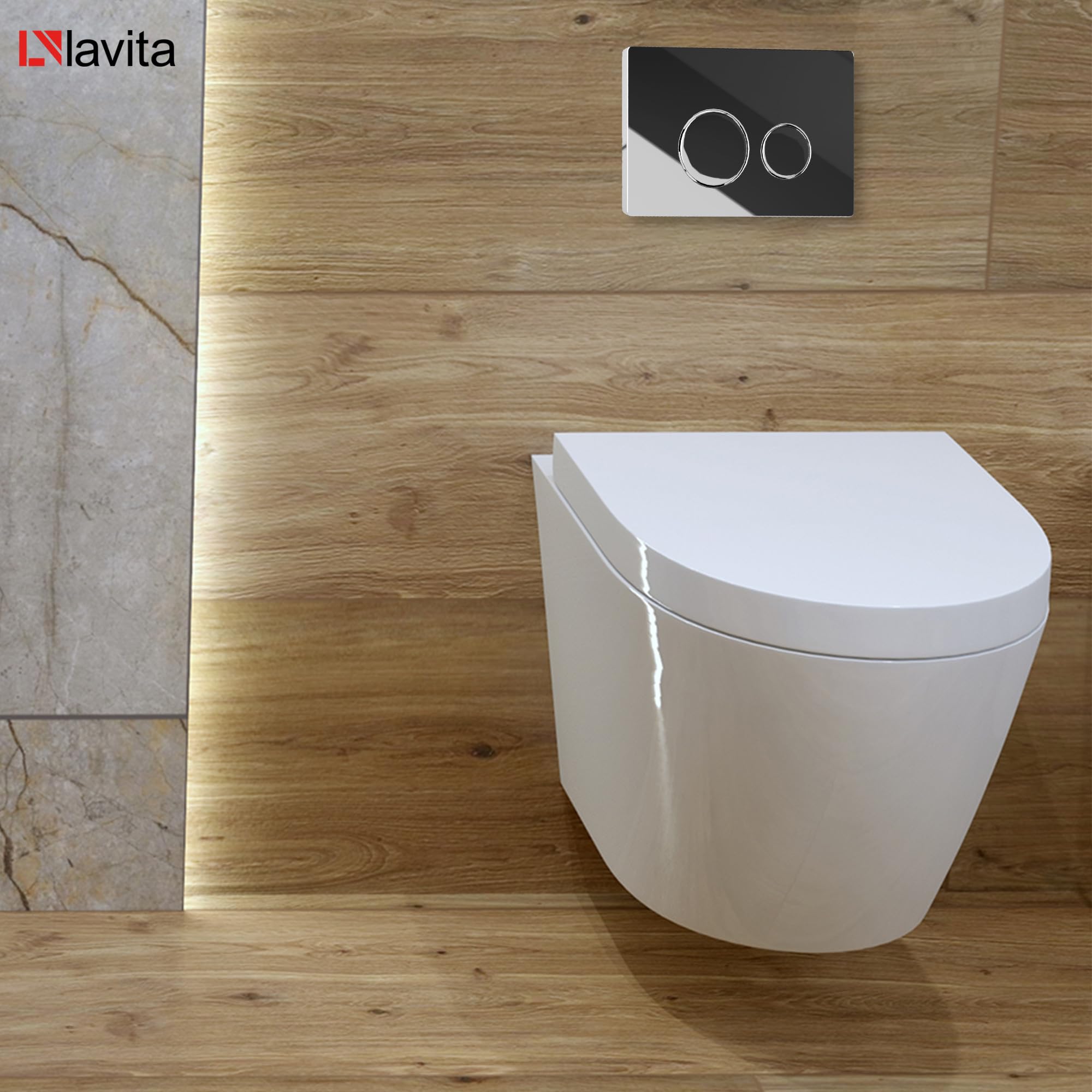 Lavita LAV 101 Élément de pré-installation pour WC 40cm + WC suspendu à rinçage profond SOFI Blanc sans rebord + Plaque de commande LAV 200.4.2 Chromé + Abattant WC avec système d'abaissement