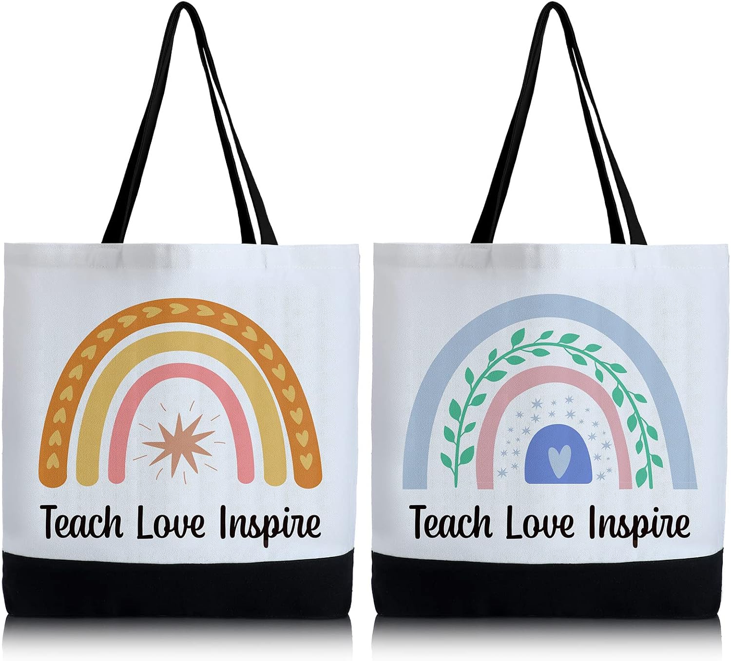 Jutom 2 Pack Teacher Totes Bag Canvas Teacher Appreciation Gifts Tote Love Inspire Teach Rainbow Gift Bag Tote Reusable