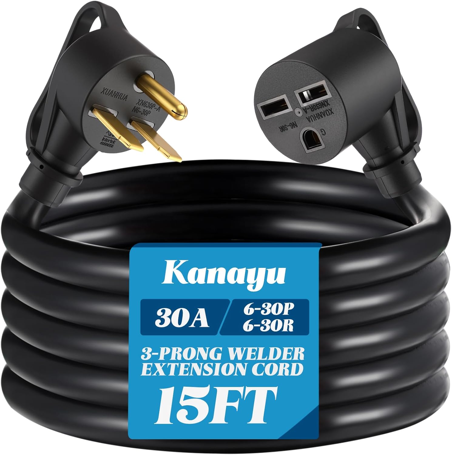 Kanayu 10ft 30A Extension Cord Compatible with NEMA 6-30, 6-30P Male Plug to 6-30R Female Receptacle Power Cord for Welder Compressor Heater, STW 10 AWG/3C, 250V, 7500W, ETL Listed