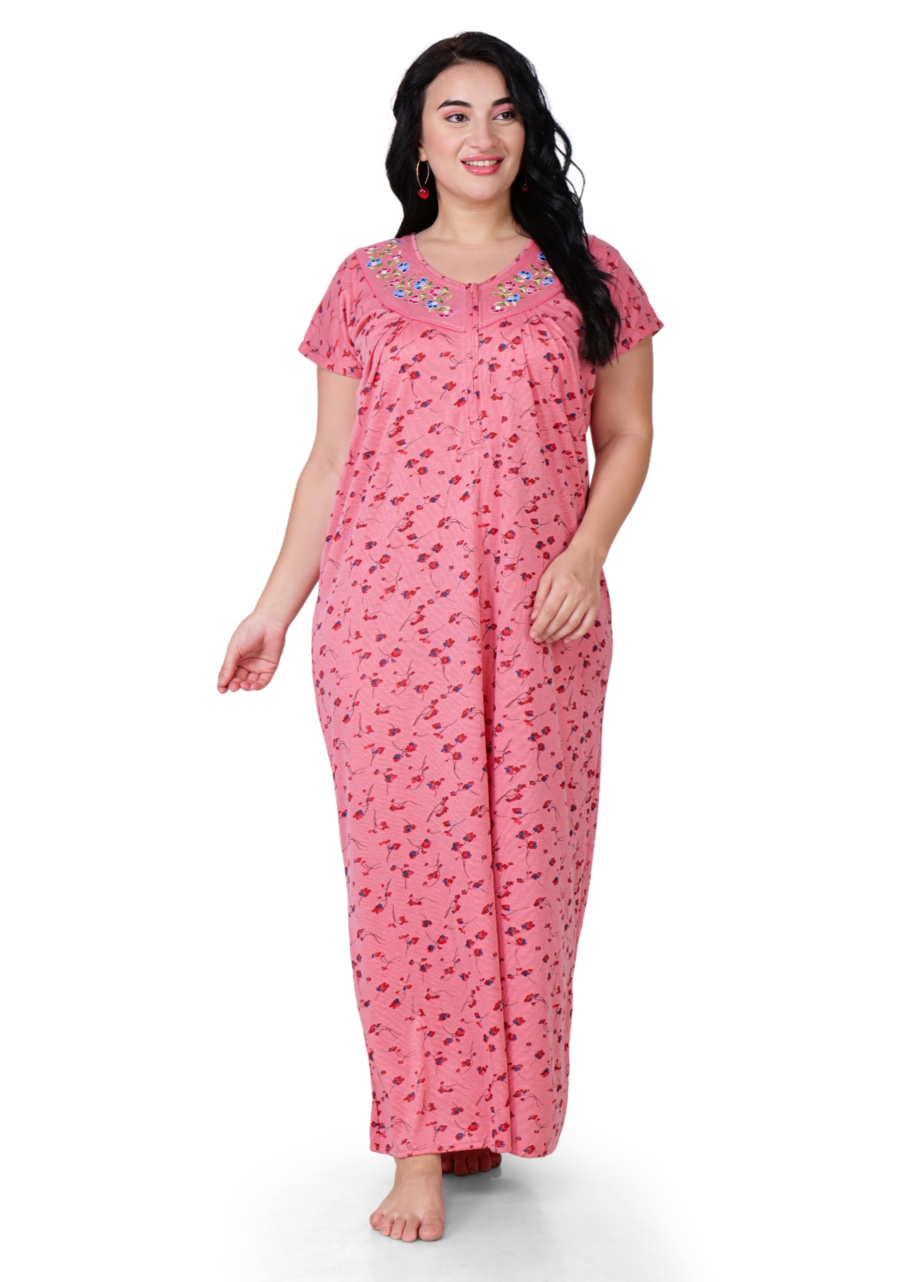 udhatikraman Women's Cotton Hosiery Nighty Night Gown, Short Sleeves Maxi | Floral Print Embroidery V Shaped Neck | Ankle Length Nighty Night Dress Gown for Women