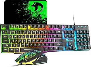 US Layout Gaming Keyboard and Mouse Set 12 RGB Illumination mode 104 Keys Full Anti-ghosting light up Keyboard 2400 DPI 6 Button Usb Optical Game Mouse Mousepad Compatible for PS4 Xbox PC Laptop Black