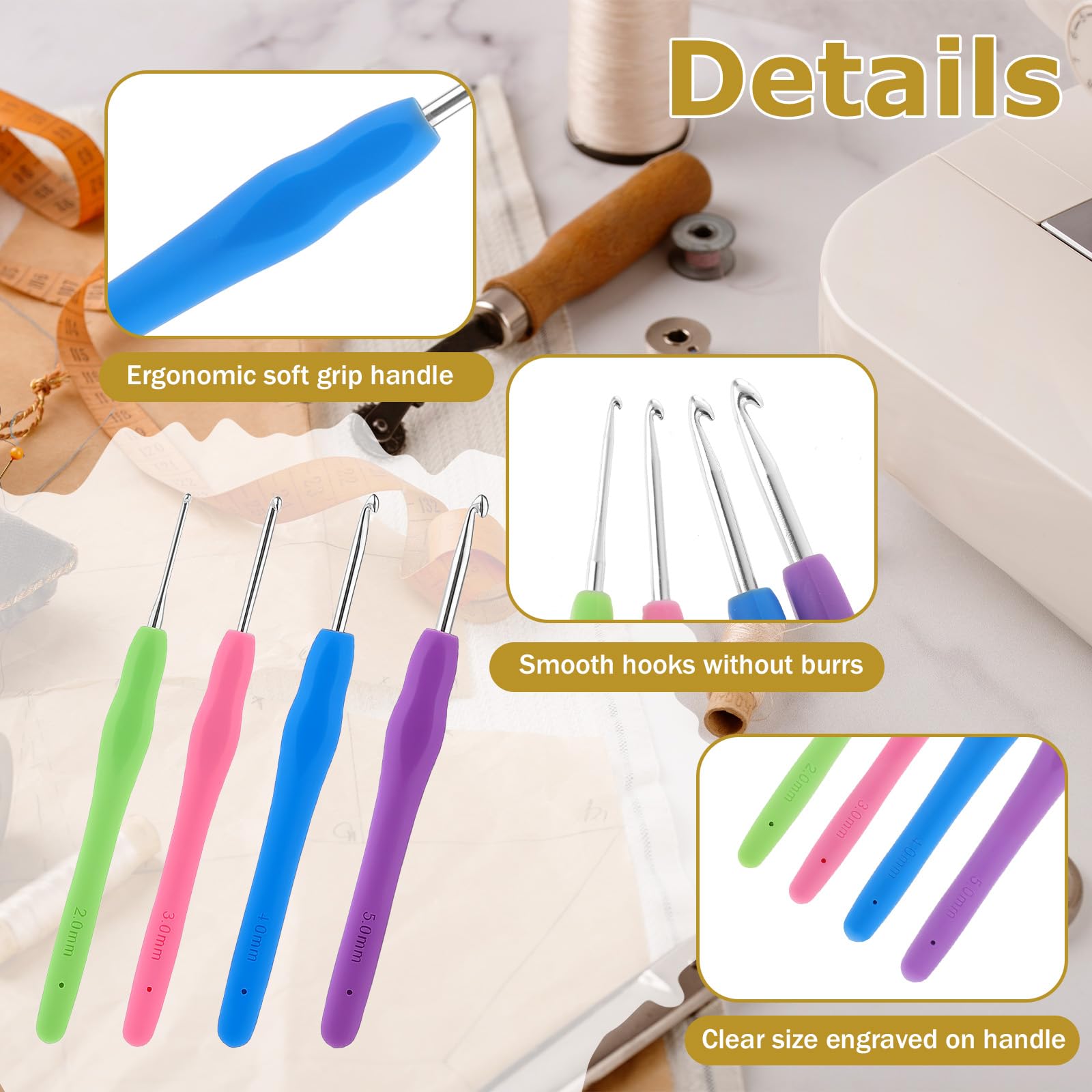 Yarniss Lot De 14 Crochets Ergonomiques Multicolores De 2 Mm (B) à 10 Mm (N) Avec étui Pour Mains Arthritiques, Aiguilles à Crochet Extra Longues