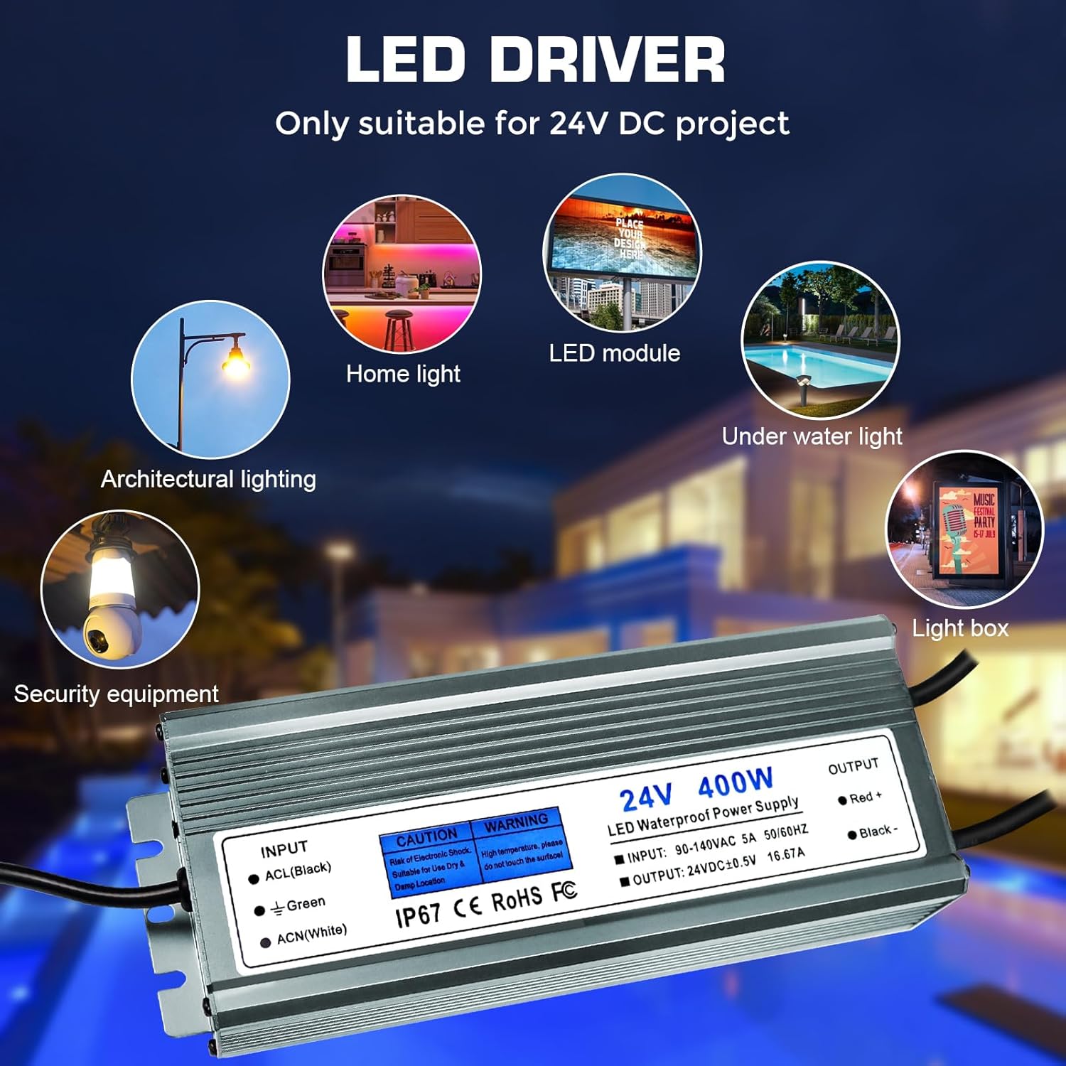 24V 400W LED Power Supply, IP67 Waterproof AC 90-140V to DC 24V 16.6A LED Driver, Low Voltage Transformer with 3-Prong Plug for Landscape Lighting, 24V Strip Lights, Computer - Image 6