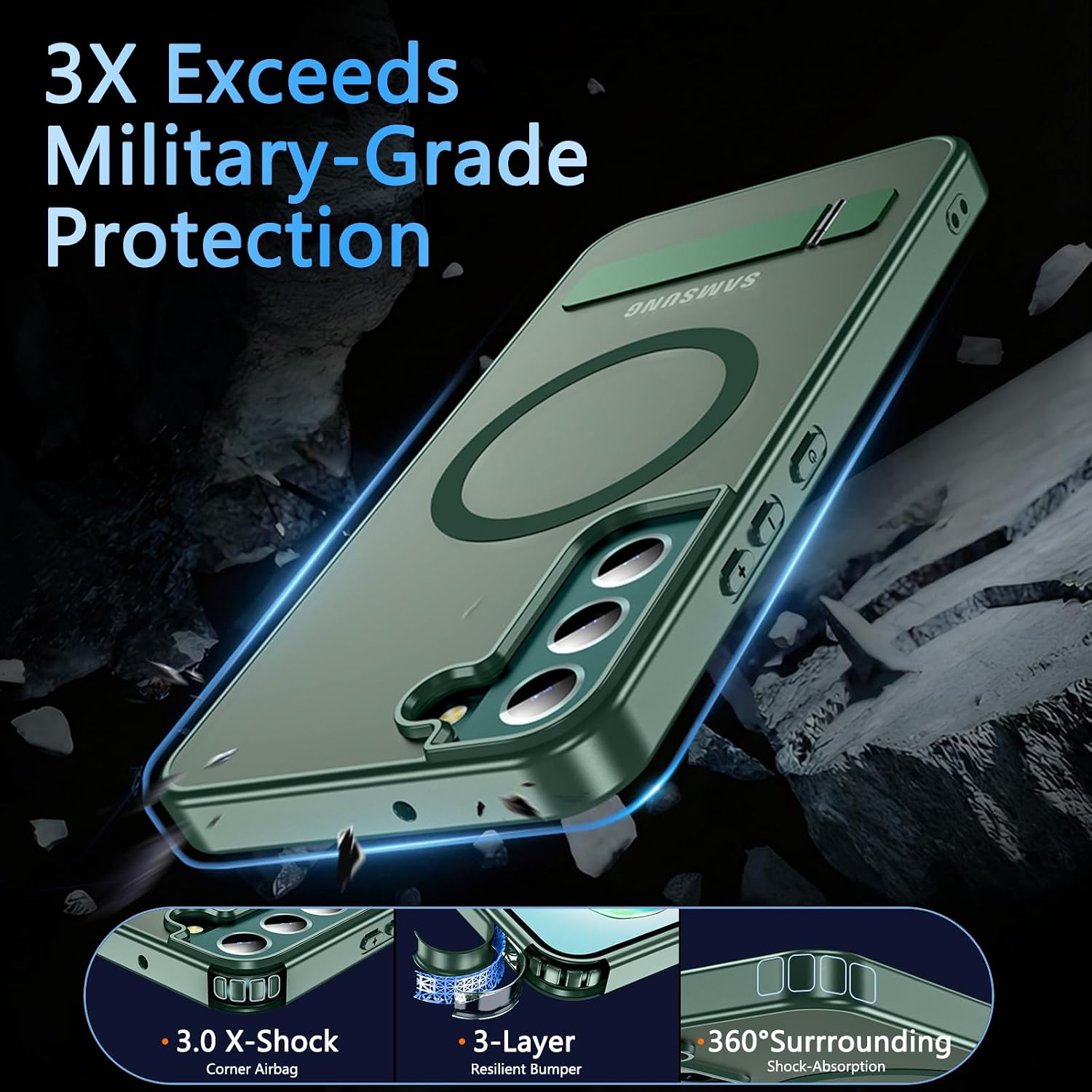 OWKEY Magnetic for Samsung Galaxy S22+ Plus Phone Case with Adjustable Stand, Galaxy S22+ Plus Case [Shockproof Military Grade Drop Protection] Translucent Matte Back Samsung S22 Plus Case, Green thumbnail