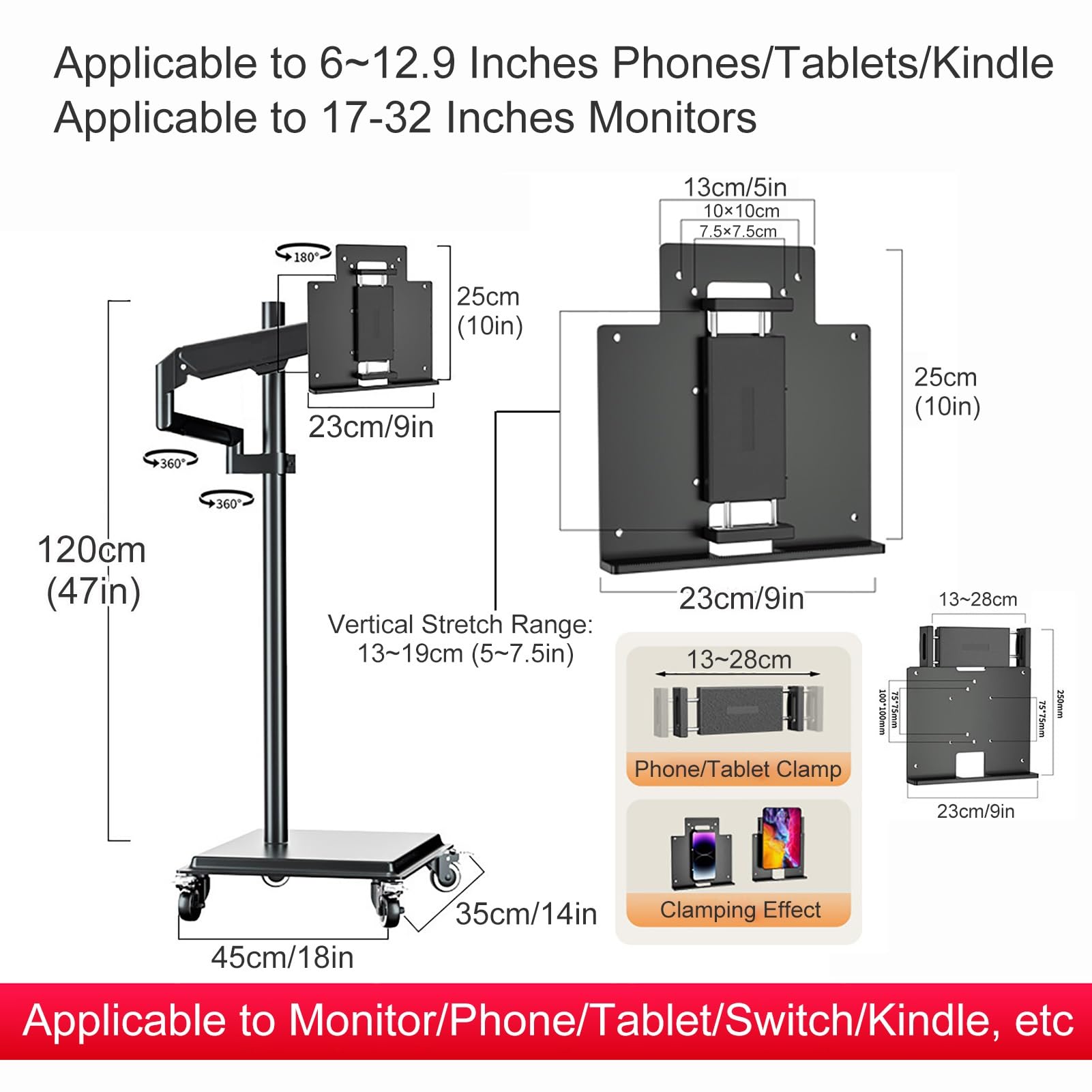 Leggio per Telefono/Tablet/E-Reader/Monitor, Altezza Regolabile e Angolo, Supporto Tablet con Base Pesante e Ruote