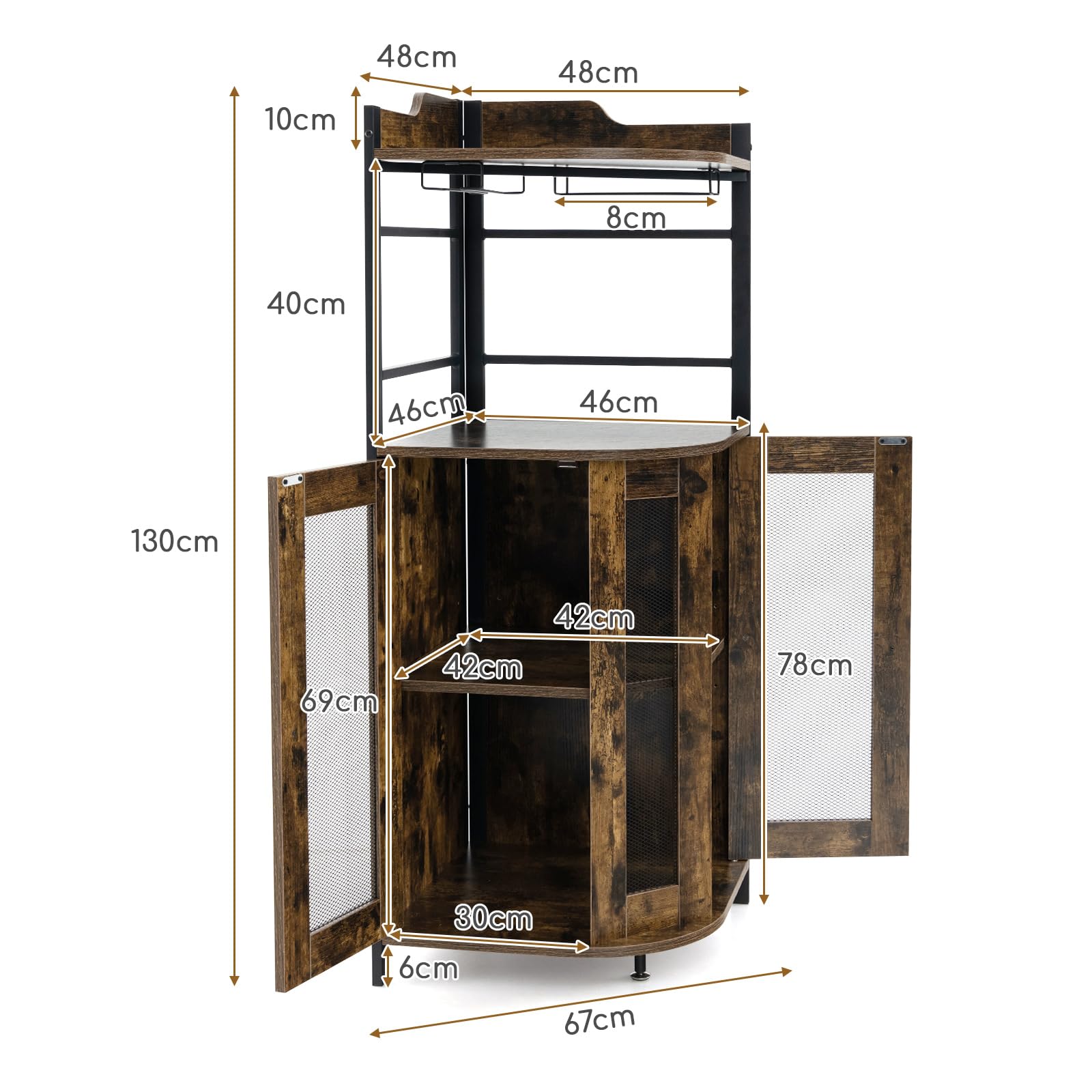 COSTWAY Armario de Esquina de vino con Portavasos de Vidrio, Armario de Vino Industrial con Puertas de Malla Metálica y Estante Ajustable, Buffet con Kit Antivuelco para Cocina Comedor (Marrón Oscuro)