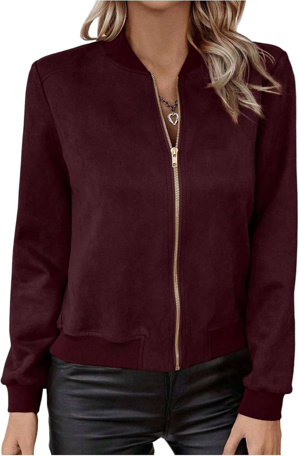 Verdusa Women's Zip Up Lightweight Bomber Jackets Streetwear Faux Suede Long Sleeve Short Outerwear