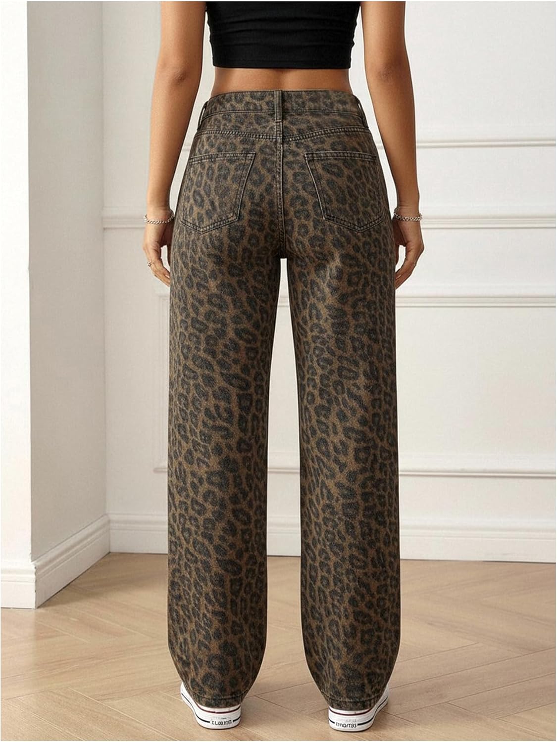 WDIRARA Women's Leopard Baggy Jeans Streetwear Low Waisted Wide Leg Denim Pants with Pockets