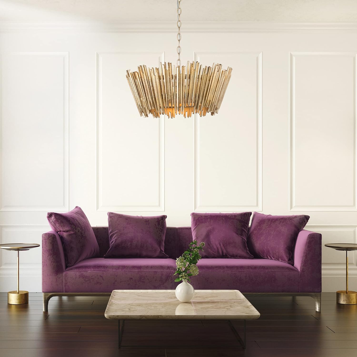 Gold Chandelier, Modern Farmhouse Chandelier, Dining Room Lighting Fixtures Hanging with Wood Framework and Gold Finish, Chandeliers for Dining Rooms, Kitchen, Foyer, Living Room, 20" D x 8" H