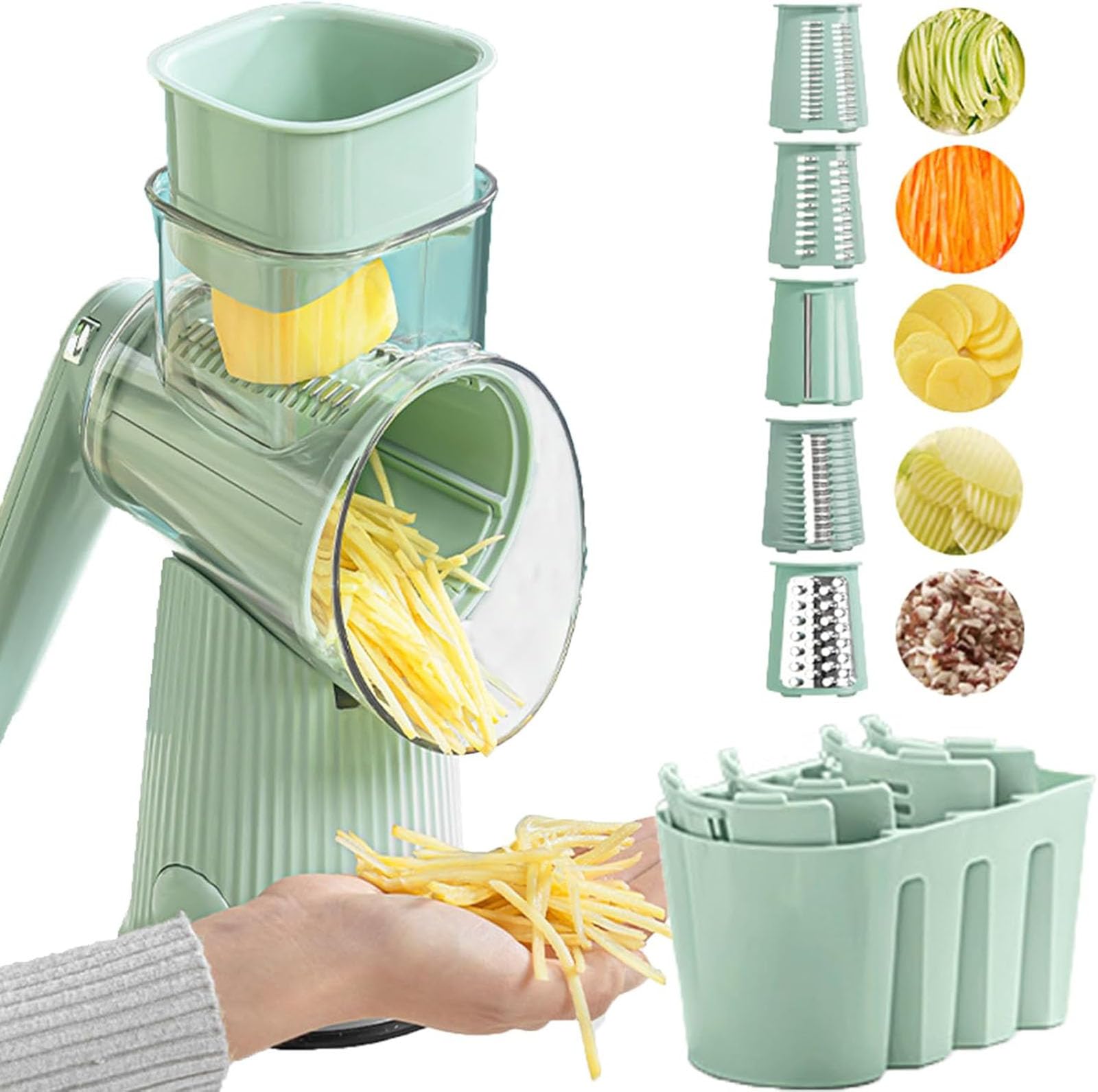 Le d Affaires 5 in 1 Rotary Cheese Grater Vegetable Slicer, Cheese Grater Hand Crank, Kitchen Artifact 5 in 1 Food Chopper, Rotary Cheese Grater with Handle, Hand Crank Food Chopper,Green-5