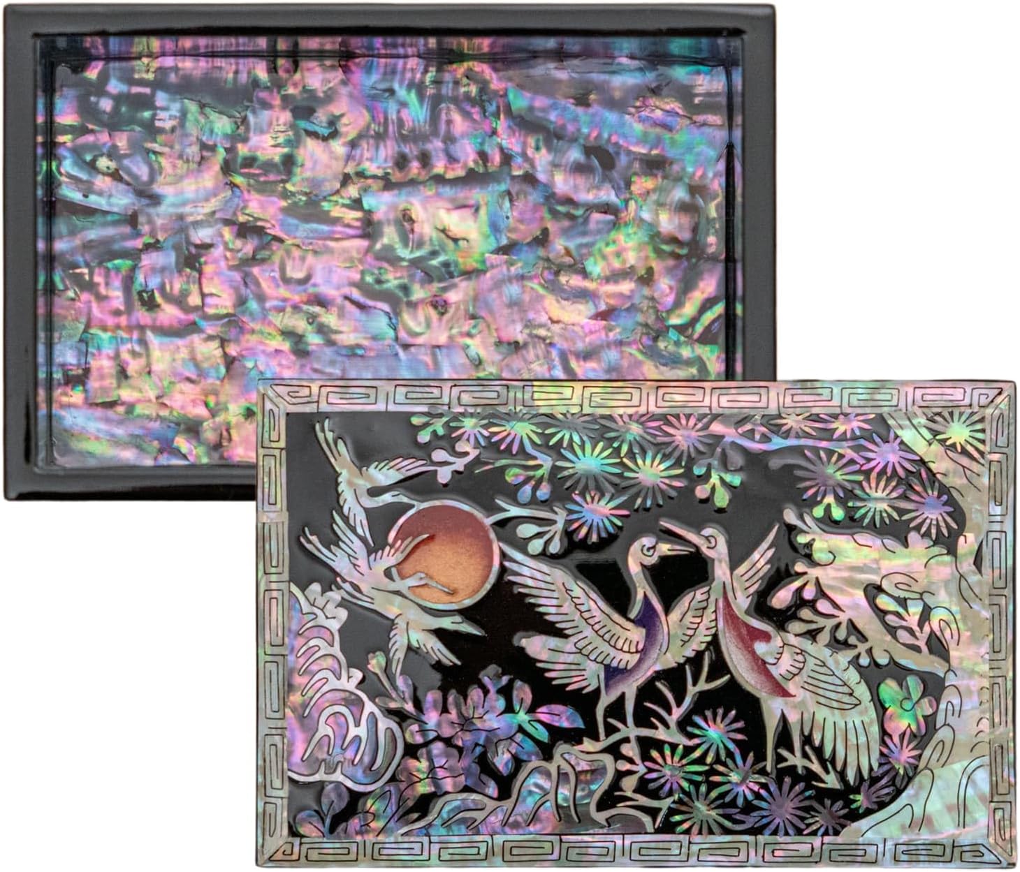 February Mountain Mother of Pearl Trinket Box Organizer for Business Cards, Jewelry or Keys - Small Wooden Box Inlaid - Gifts for Women and Men Ideal for Gifts and Keepsakes (Crane with Pine Tree)