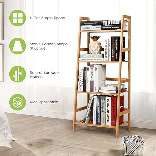 Miniatura 9 de S AFSTAR Soporte de bambú de 4 niveles, estante independiente multifuncional con barandillas, estante de exhibición de plantas en maceta para sala