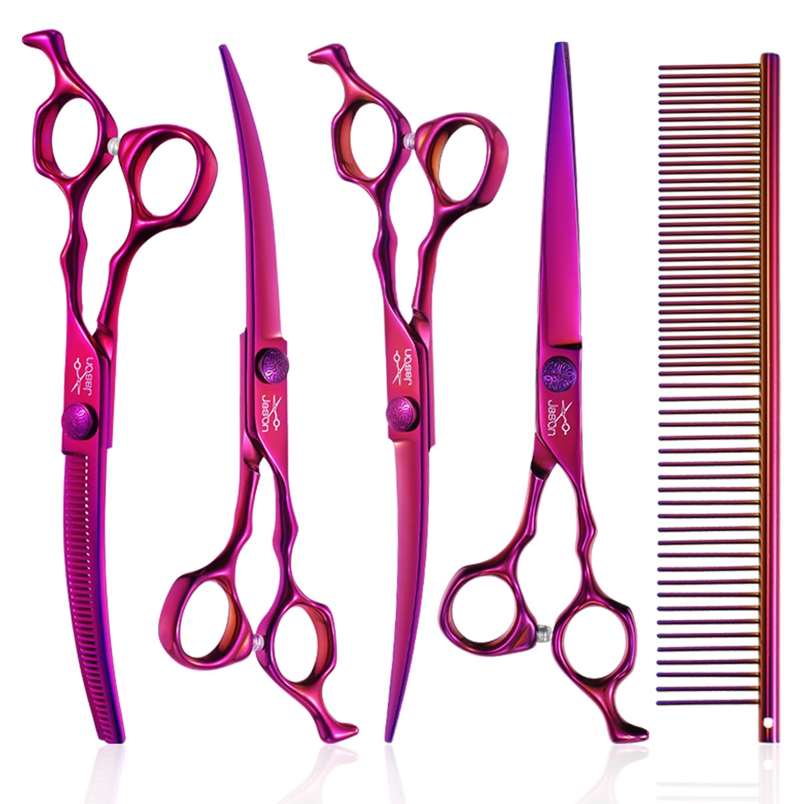 JASON Dog Grooming Scissors Set - Professional 6 in 1 Dog Shears Set - 7" Curved Thinner, 7" Straight, 7" Up-Curved, 7" Down-curved Scissors and Comb