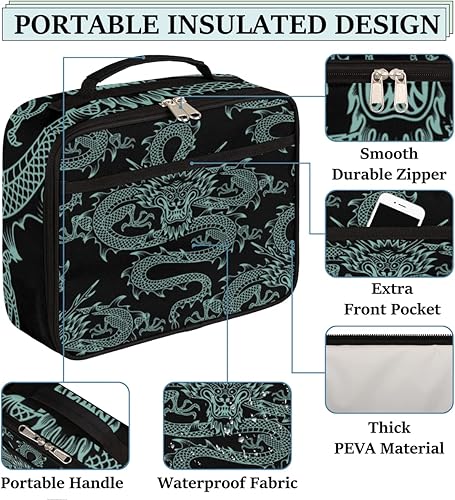 Miniatura 3 de Lonchera infantil para niños y niñas, color negro, verde azulado, animal chino, dragón, bolsa de almuerzo aislada, reutilizable, pequeña bolsa
