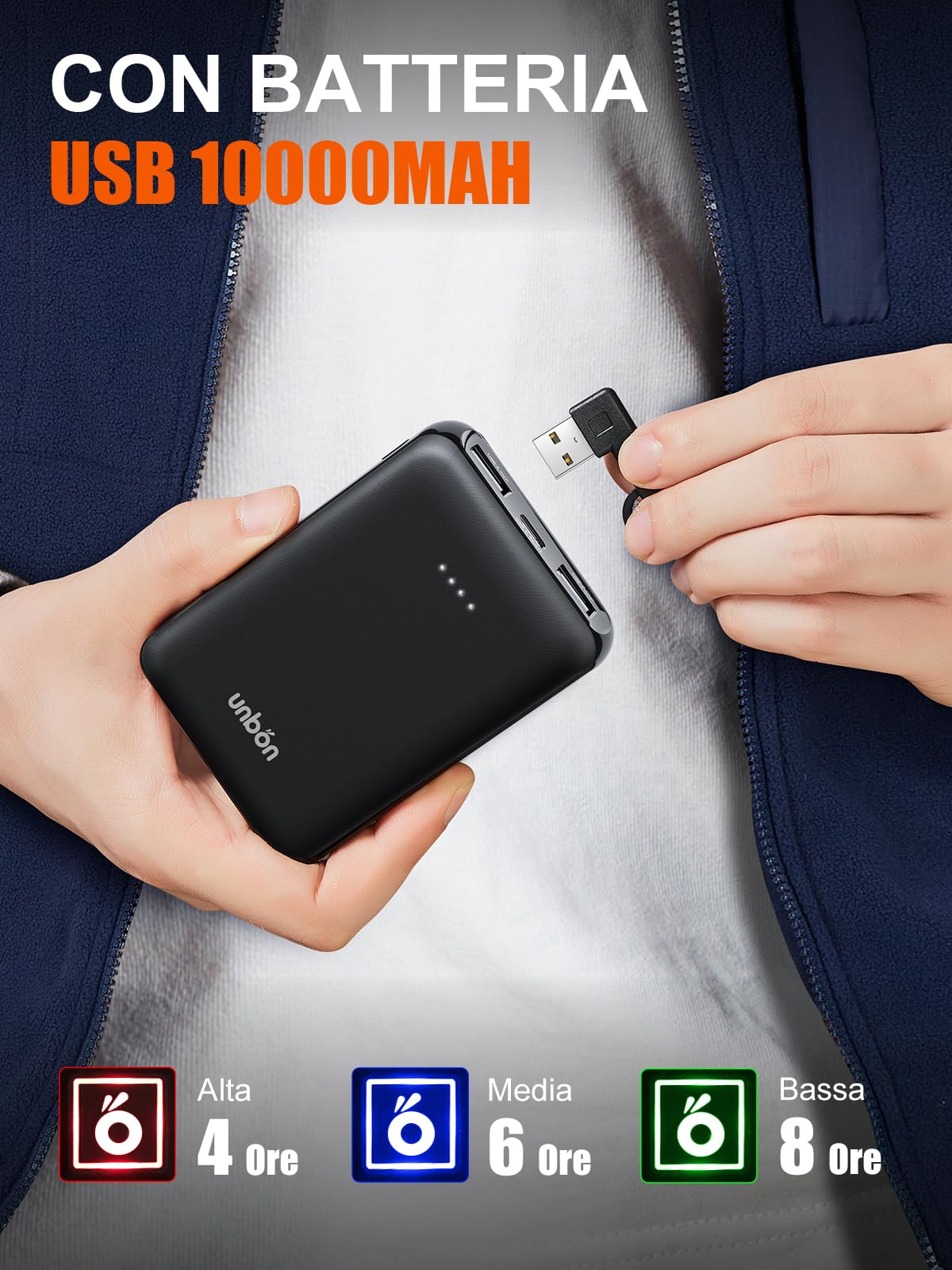 UNBON Gilet Riscaldato Uomo con Batteria USB 10000mAh, Giubbotto Riscaldato Uomo con 3 Temperatura 6 Zone di Calore, Gilet Riscaldante Elettrico Pile, Giacca Riscaldata Uomo per Moto Caccia