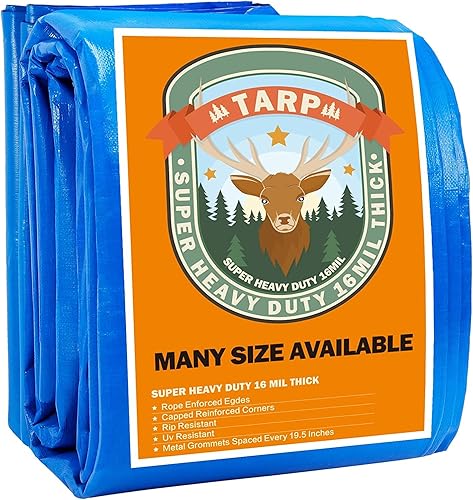 Miniatura 8 de Lona azul, lona resistente impermeable de 20 x 30 pulgadas, lona de polietileno de plástico impermeable de 16 milímetros de grosor con ojales de