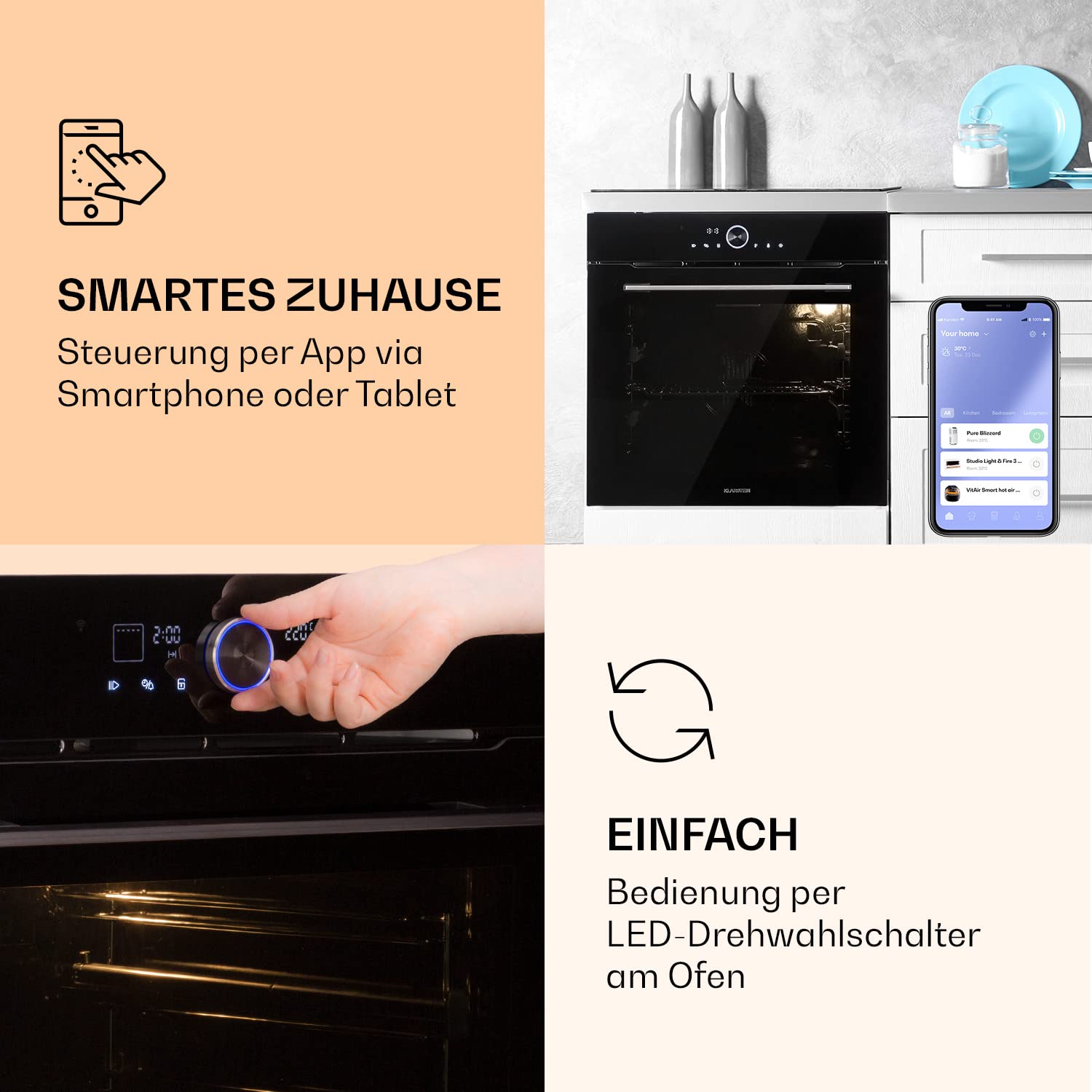 Klarstein Backofen, Einbau-Backofen mit 11 Modi, Einbaugerät mit Stecker, Einbaubackofen Auftau & Grill-Funktion, 73L Ofen App-Control & Drehschalter, in Schwarz