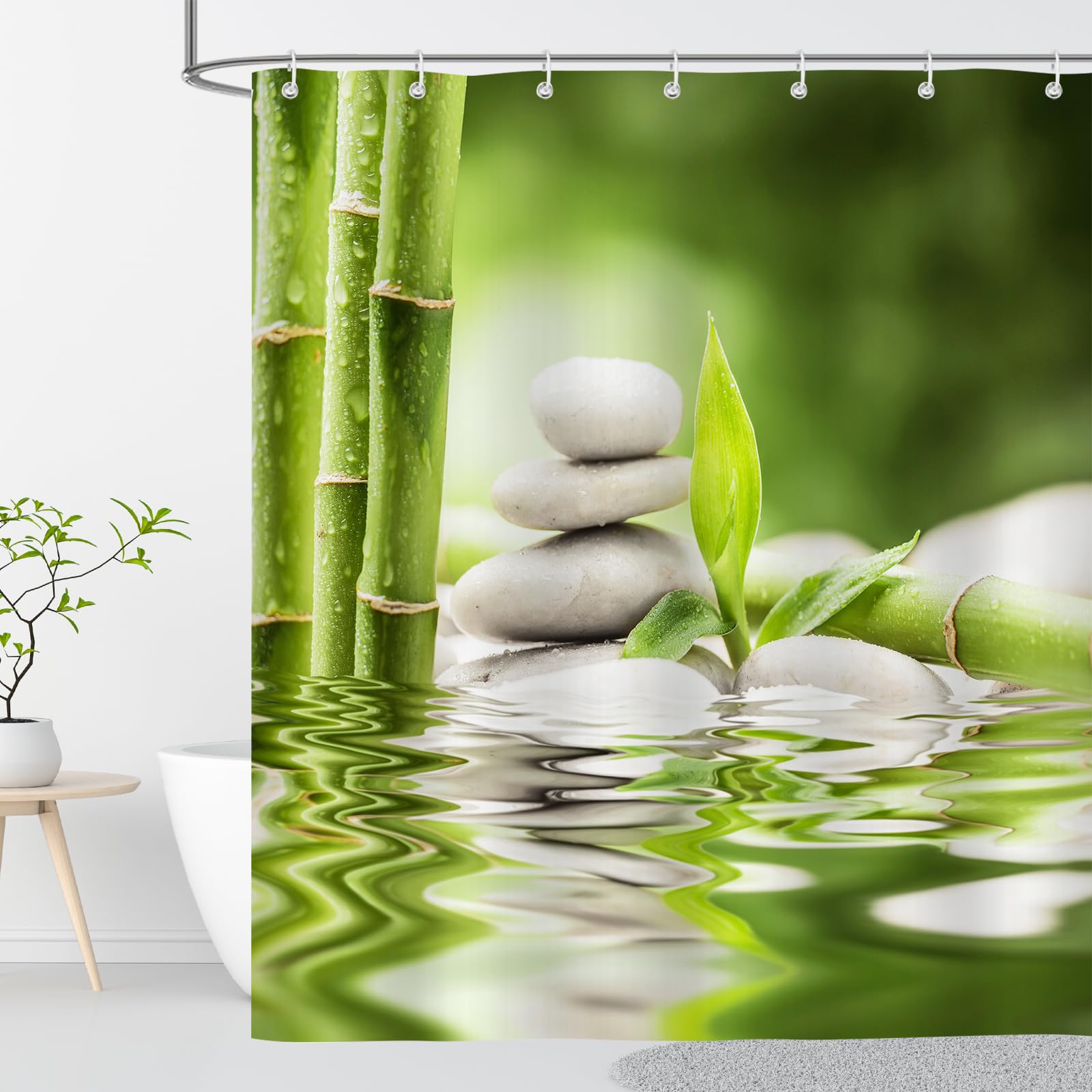 Cortina de Ducha Antimoho para Bañera 240x200 Estampada Piedras Bambú Verde Cortina Ducha Tela Impermeable Poliéster Zen Cortinas de Baño Grande con Anillas Ojales Lavable a Máquina