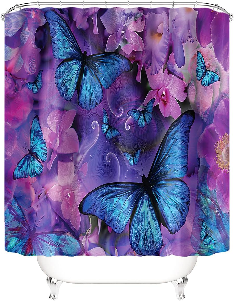 4Pcs Flowers and Butterfly Shower Curtain Set with Non-Slip Rugs and Toilet Lid Cover Cute Animals Floral Fabric Bathroom Decor with Hooks Waterproof Washable 72"x72" Blue Purple