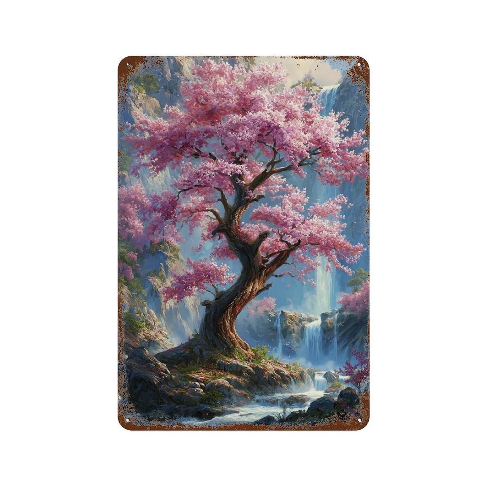 Cherry Blossom Waterfall Landscape Decorative Tin Sign 11.8"x7.9", Farmhouse Wall Decor for Garage, Bar And Workshop Decor