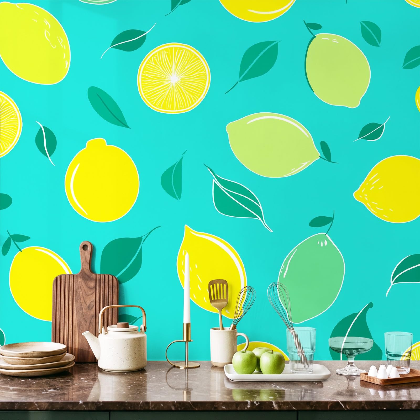 Générique Rétro Fruit Papier Peint Panoramique Citron Agrumes，Papier Peint Intissé 250 x 175 cm pour Salon Chambre Enfant Chambre Décoration Murale Poster Tableaux Photo Muraux