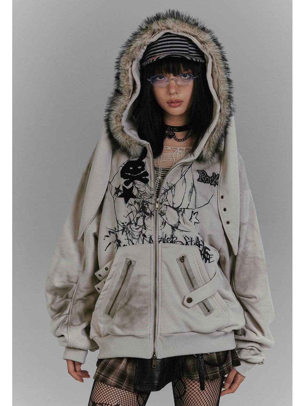 CEINOM Kawaii Bunny Ear Striped Long Sleeve Hoodies Women Harajuku Y2k Zip Up Sweatshirts Cute Style Autumn Winter Hoodies