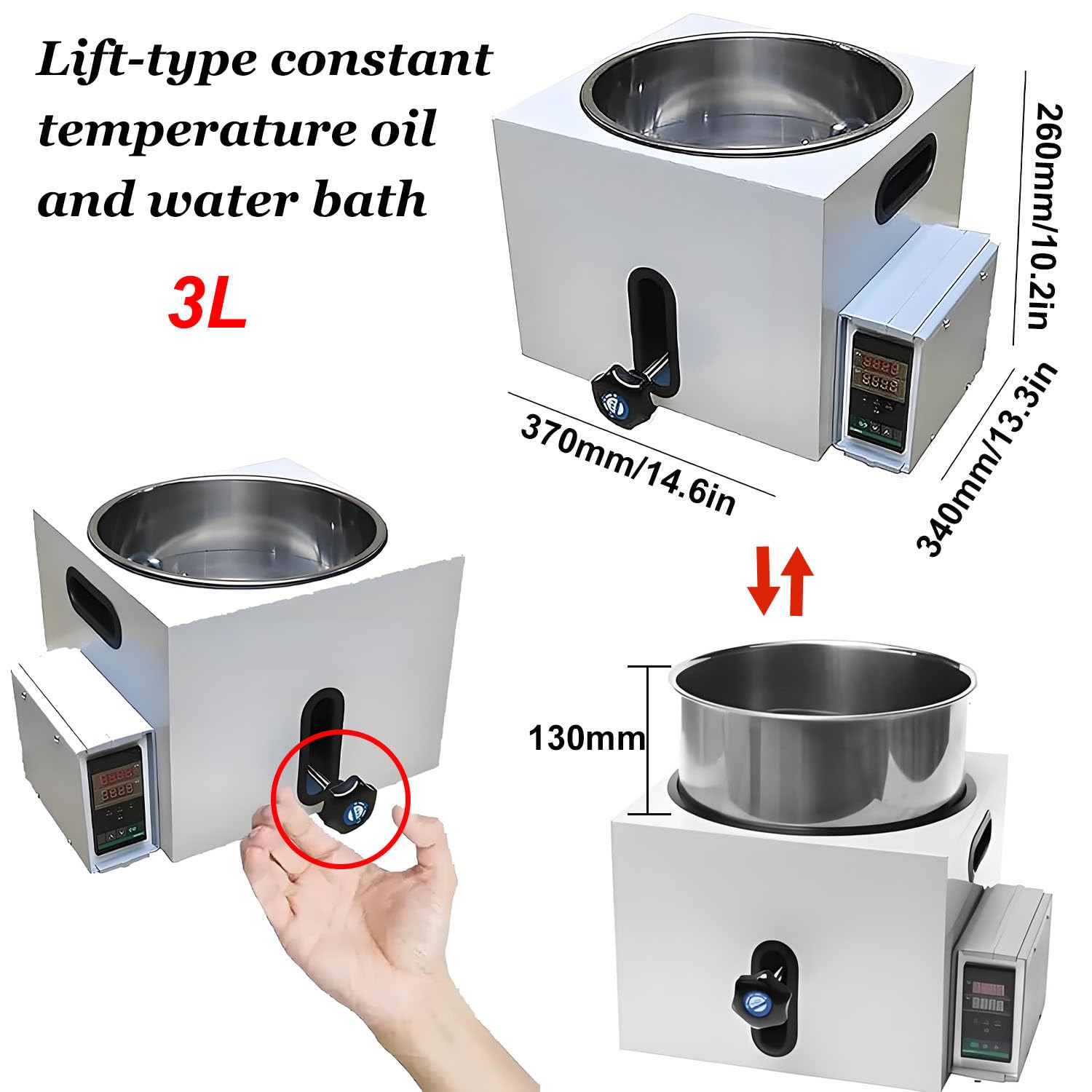 Baño María de Laboratorio con Elevador, baño de Agua y Aceite a Temperatura Constante, Control Inteligente de Temperatura, Pantalla LED, hasta 250 °C. 3L