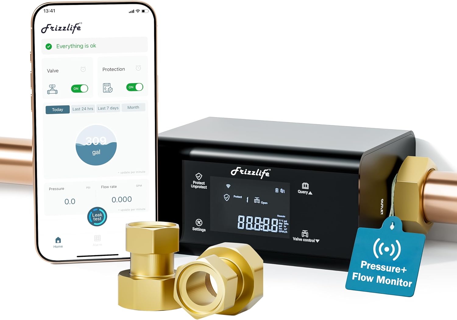 Frizzlife LP365-P Smart Water Monitor and Automatic Shutoff - 0.01 GPM Ultrasonic Micro Leak Detection, Wi-Fi / APP Control, Pressure+Flow Monitoring, 24/7 Water Usage Reports, Fits 1.25" and 1"