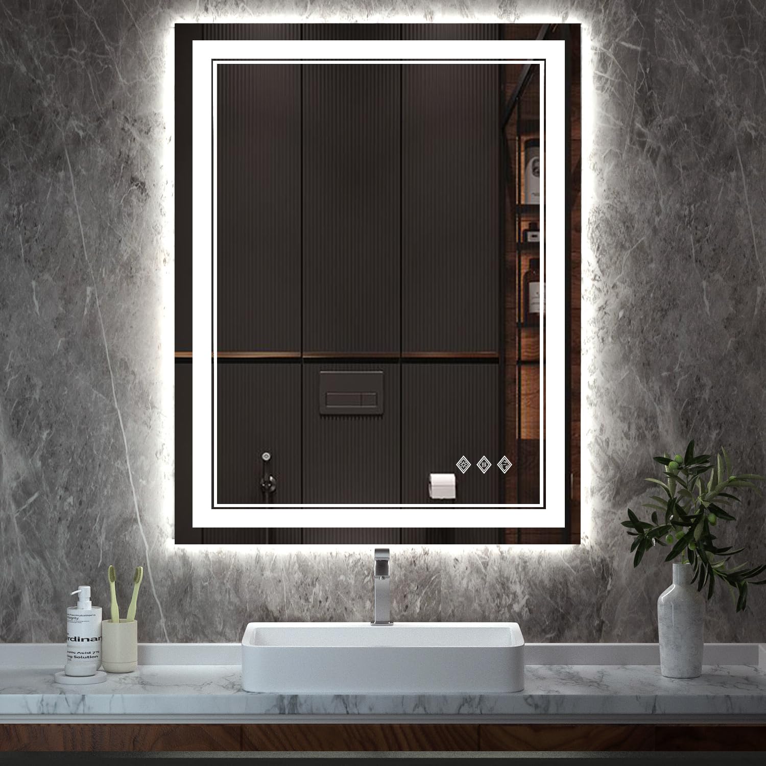 LED Mirror, 28x36 Inch Gradient Front and Backlight Lighted Mirror, 3 Colors Dimmable CRI>90 Double Lights, IP54 Enhanced Anti-Fog, Hanging Plates Wall Mount LED Bathroom Mirror
