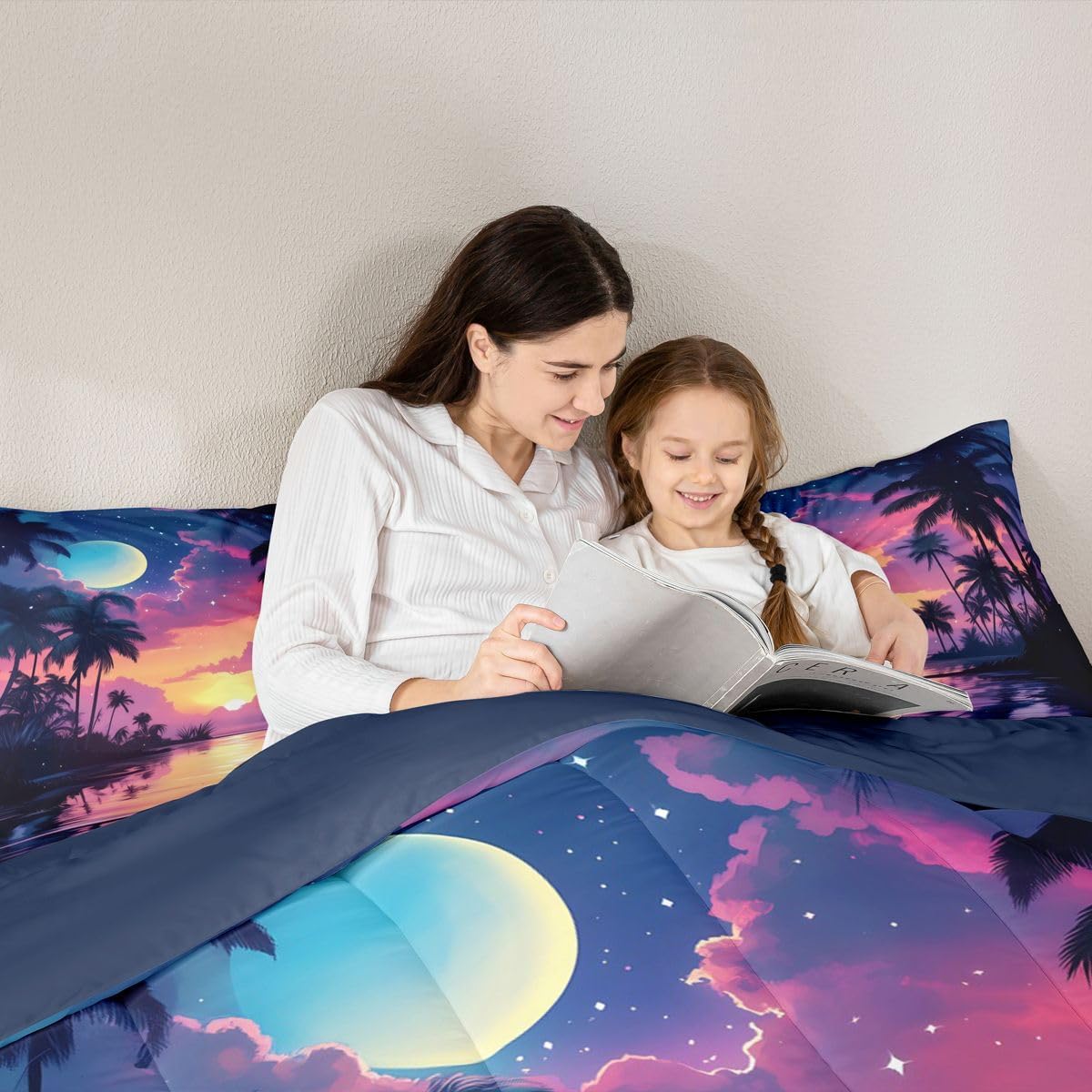 Castle Fairy Toddler Size Purple Beach Sunset Comforter Set with 1 Pillowcase - Pink Orange Tropical Leaves Bedding for Kids Girls Room Decor,Ocean Beach Theme 2 Pieces All Season Duvet Insert