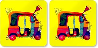Tuk Tuk Coasters Set of 2 | Indian Auto Rickshaw | Diwali Coaster Indian Set |Colorful Desi Art Drink Coaster Set | 3.75" x 3.75"
