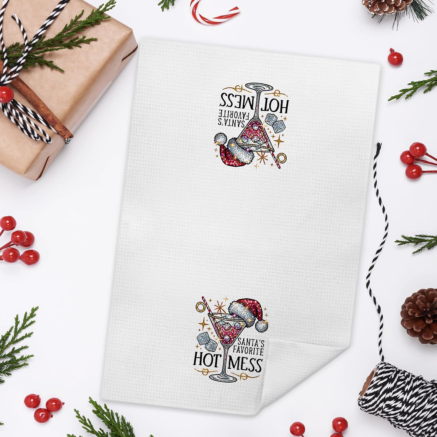 Christmas Martini Kitchen Towels Decorative, Gifts for Martini Lovers, Funny Santa Cocktail Hand Tea Towels for Bar Cart Kitchen, Winter Christmas Cocktail Dish Towel Dishcloth, 16x24 Inch image 2
