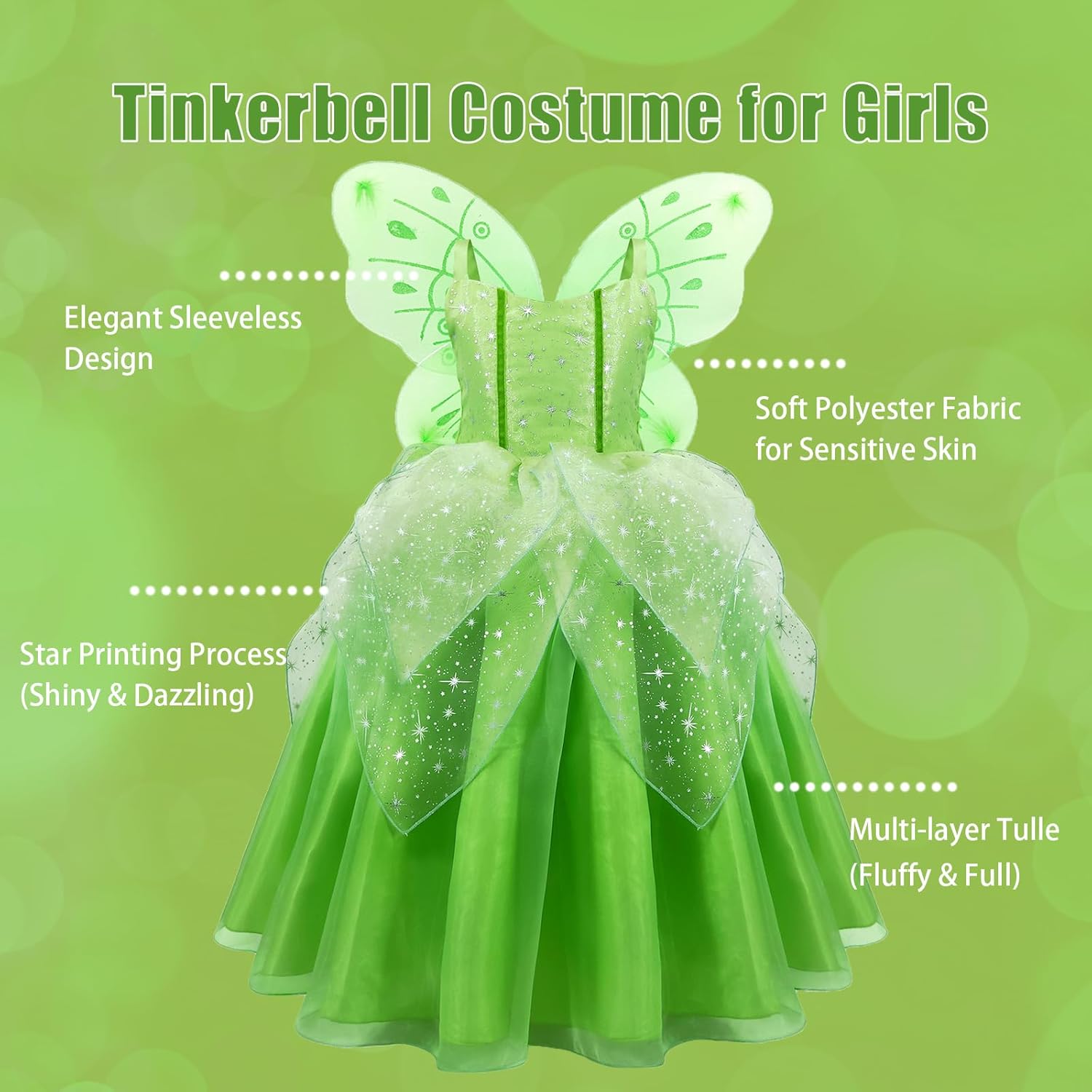 Princess Tinker Bell Halloween Costume for Girls, Birthday Party Fairy Dress Up, Special Occasion Dress with Wings