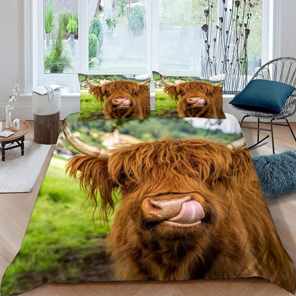 RFFLUX 3D Highland Cattle Single Duvet Cover Set 3 Pieces 135x200 Soft Microfiber Farm Animals Cow Quilt Cover with Zipper Closure Easy Care Bedding Set with 2 Pillowcase for Kids Boys Girls Teens — image 1
