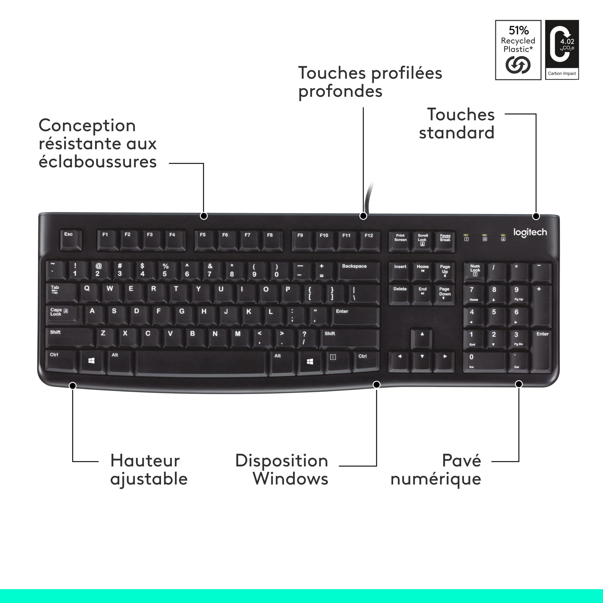 Logitech K120 Clavier Filaire pour Windows, USB Plug-and-Play, Taille Standard, Résistant Eclaboussures, Barre D'Espacement Incurvée, Compatible PC, Ordinateur Portable, Français AZERTY - Noir