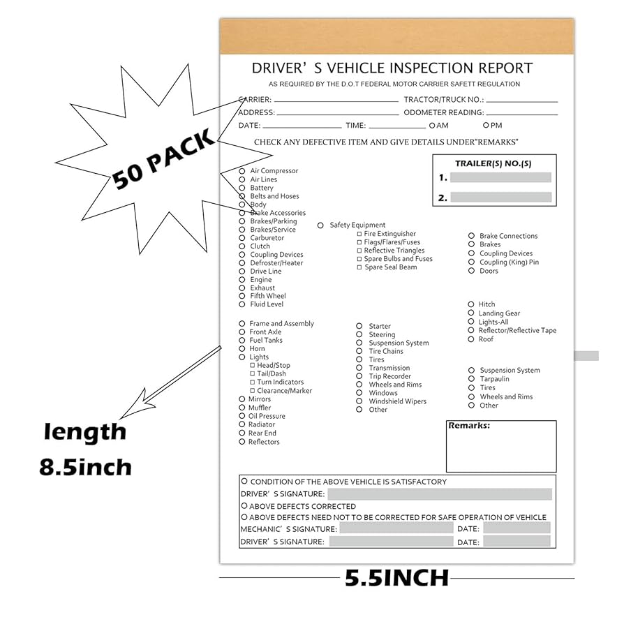 amazon-com-2-pack-50-sheets-driver-vehicle-inspection-report-book-5-5-x-8-5-daily-pre-trip-checklist-log-for-truck-drivers-office-products for Free Printable Dot Pre Trip Inspection Form Amazon.com : 2 Pack 50 Sheets Driver Vehicle Inspection Report Book 5.5
