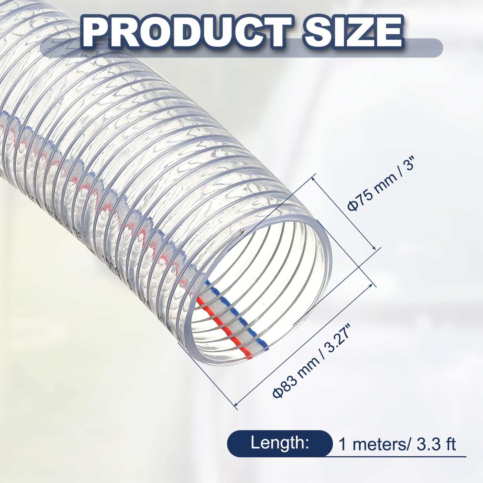 PATIKIL Manguera Reforzada Con Alambre De 3" / 75 mm De Diámetro Interno 1 Metro Tubo De PVC Vinilo Resistente Con Alambre De Acero Transparente