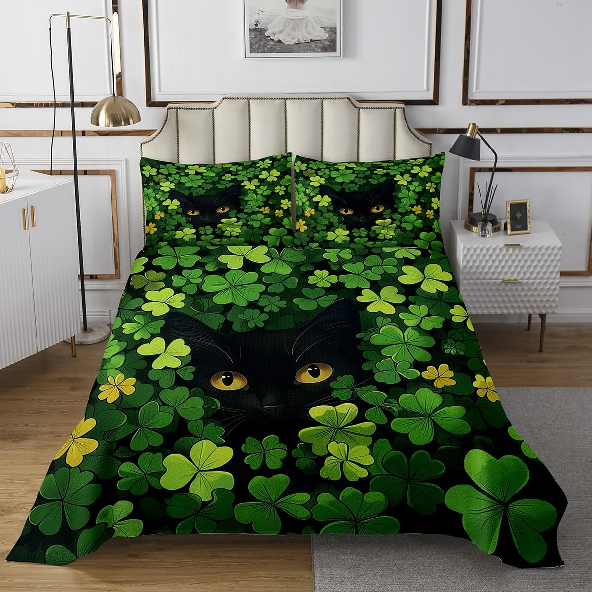 Manfei St. Patrick's Day Bedspread King Size, Cute Cat Green Clover Coverlet Set 3pcs, Lucky Shamrock Leaf Quilted Coverlet with 2 Pillowcases, Kids Girls Room Decor, Soft Bedding Quilt