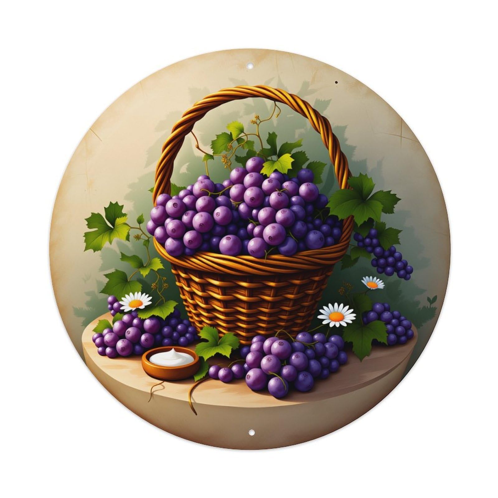 Basket Of Purple Grapes With Leaves And Flowers Metal Tin Sign Plaque