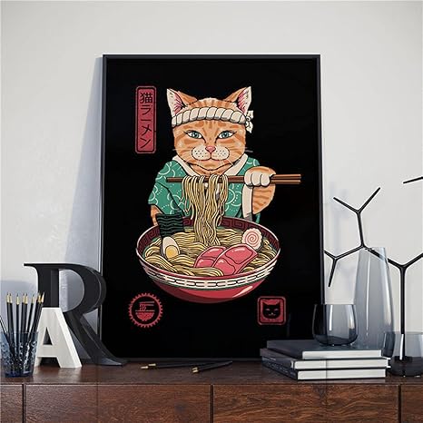 Amazon アートワークサムライキャットラーメンノスタルジア家の装飾アートデコレーションhd印刷漫画絵画動物ポスターキャンバス絵画40x60cm 15 7 X23 6 内枠 ウォールステッカー オンライン通販