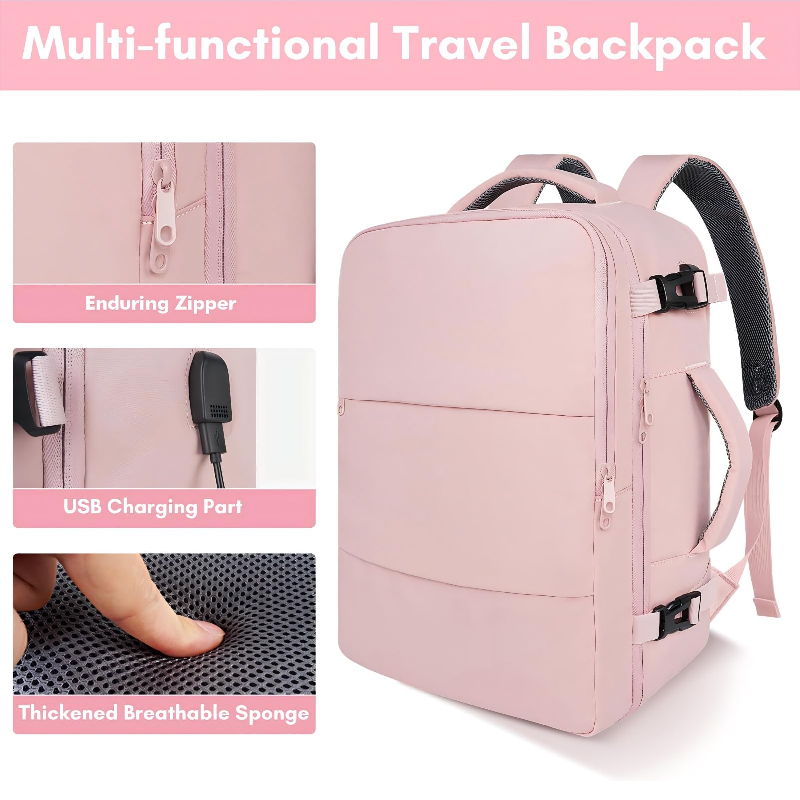 Travel Laptop Plecak Dla Mężczyzn Kobiety, Zatwierdzona Przez Samolot Plecak Podróżny Z Portem ładującym USB Dla Business Business Plecak Laptopa,Pink