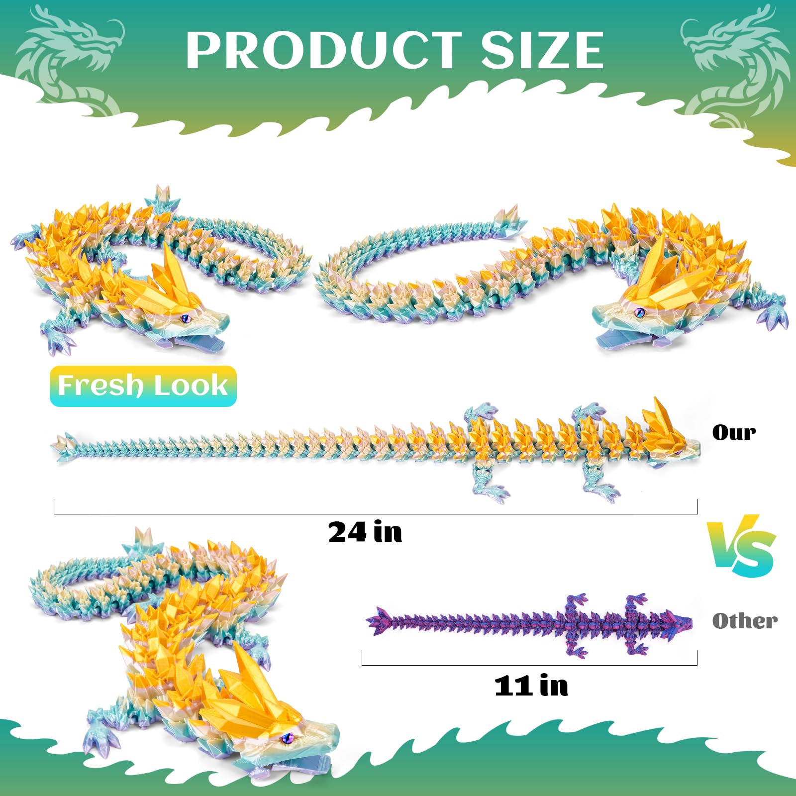 3D Printed Dragon Toys with Eyes, 24 inches Dazzling Gradient Crystal Wyrm, Bendable and Flexible Big Fidget - Image 3